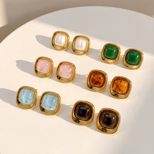 Women’s Geometric Square Resin Stainless Steel Stud Earrings With 18K Gold Vacuum Plating And Retro Style