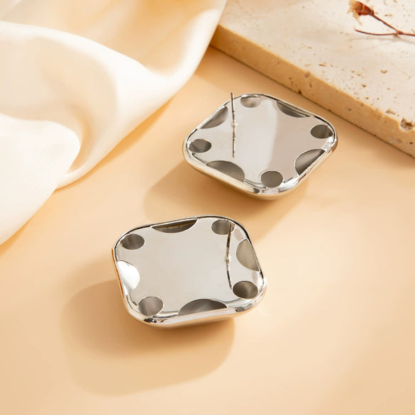 Women's Geometric Square Rounded Corner Stud Earrings Electroplated Iron Metal With Steel Posts And Retro Polished Finish