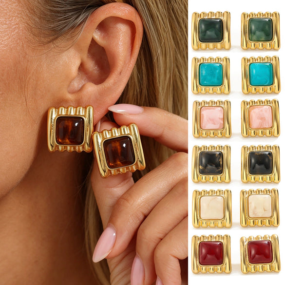 Women's Geometric Square Striped Resin Gemstone Stainless Steel Stud Earrings With Gold Tone Plated Finish