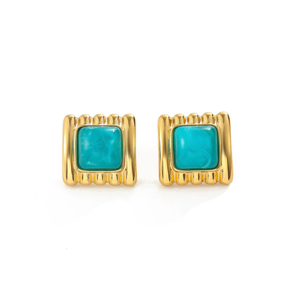 Women's Geometric Square Striped Resin Gemstone Stainless Steel Stud Earrings With Gold Tone Plated Finish