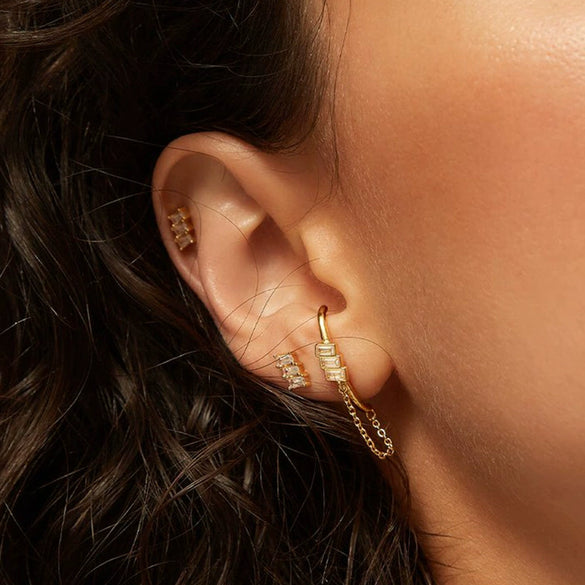 Women's Geometric Square Zircon Tassel Chain Earrings With Silver Needle And Electroplated Copper