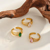 Women's Geometric Stainless Steel Adjustable Ring With Zircon Accents And 18K Vacuum Electroplated Light Luxury Finish