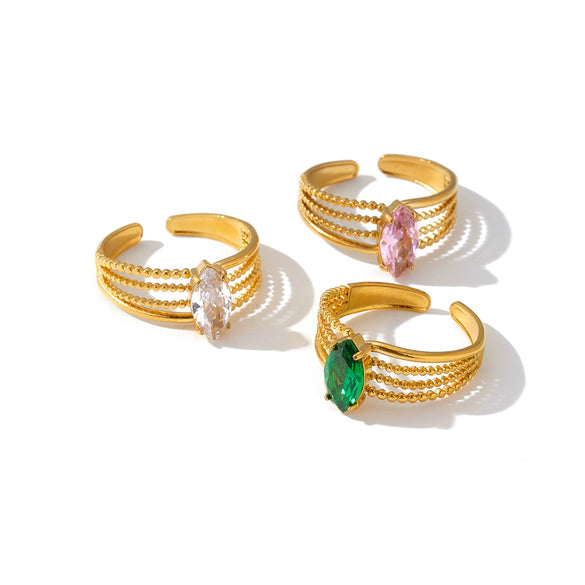 Women's Geometric Stainless Steel Adjustable Ring With Zircon Accents And 18K Vacuum Electroplated Light Luxury Finish
