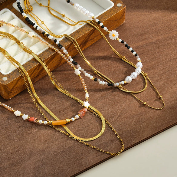 Women's Geometric Stainless Steel Beaded Necklace With Pearl Embellished White Acrylic Design And Vacuum Gold Plating