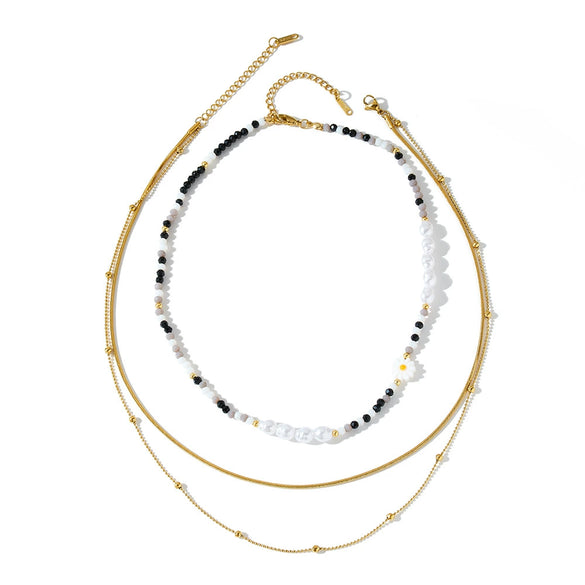 Women's Geometric Stainless Steel Beaded Necklace With Pearl Embellished White Acrylic Design And Vacuum Gold Plating