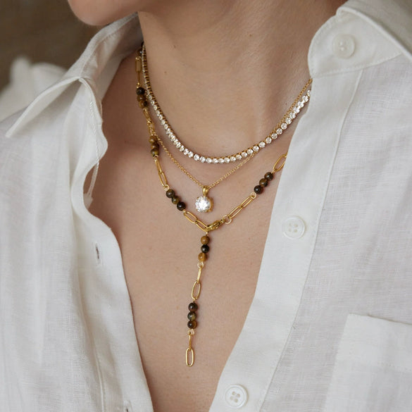 Women's Geometric Stainless Steel Beaded Necklace With Pvd Gold Plating And Lobster Clasp Minimalist Jewelry