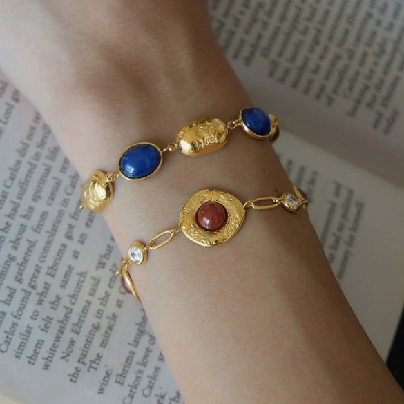 Women's Geometric Stainless Steel Bracelet With Colored Resin Beads And Gold Tone Plated Finish