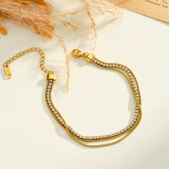 Women's Geometric Stainless Steel Bracelet With Rhinestones And 18K Vacuum Plated Finish Light Luxury Chain Jewelry