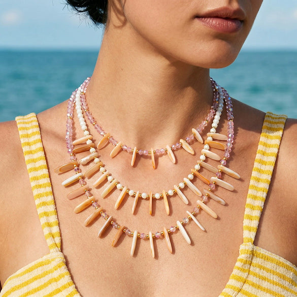Women's Geometric Stainless Steel Clavicle Necklace With White Shell Inlay 18K Vacuum Plated Beads And Regular Chain
