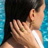 Women's Geometric Stainless Steel Earrings And Ring Set With Rhinestone Detail And 18K Vacuum Plated Finish