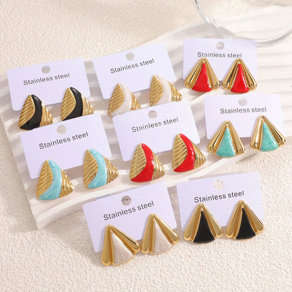 Women's Geometric Stainless Steel Earrings With Enamel Drip Glaze Retro Fashion Design For Wholesale