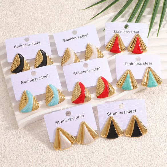 Women's Geometric Stainless Steel Earrings With Enamel Drip Glaze Retro Fashion Design For Wholesale