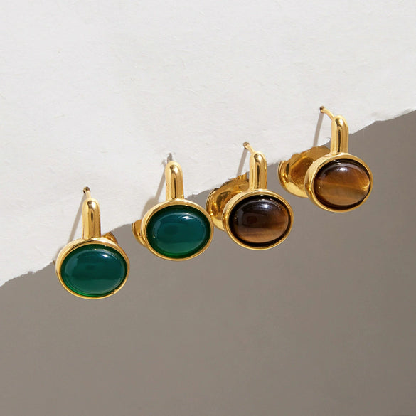 Women's Geometric Stainless Steel Earrings With Natural Tiger's Eye Stone And Elegant Plated Finish