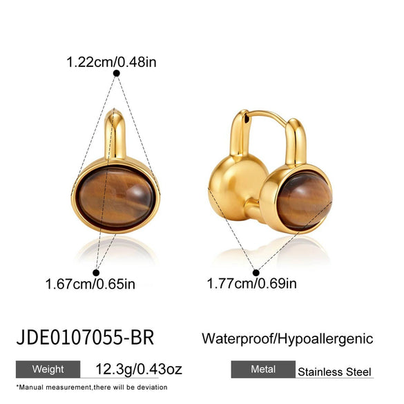 Women's Geometric Stainless Steel Earrings With Natural Tiger's Eye Stone And Elegant Plated Finish