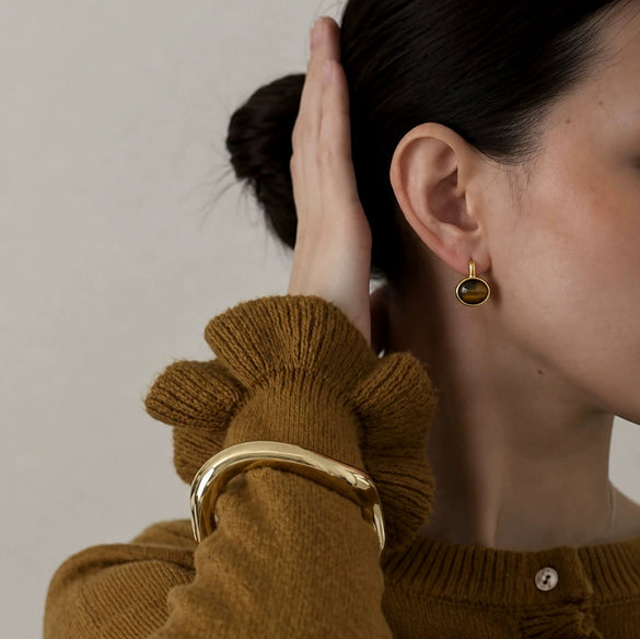 Women's Geometric Stainless Steel Earrings With Natural Tiger's Eye Stone And Elegant Plated Finish