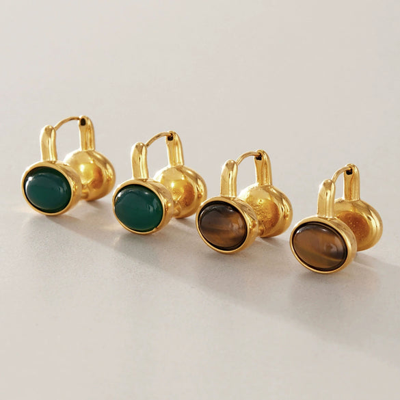 Women's Geometric Stainless Steel Earrings With Natural Tiger's Eye Stone And Elegant Plated Finish