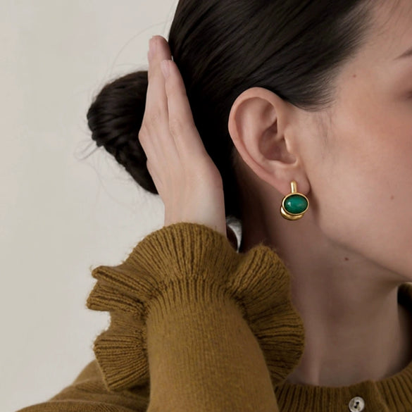 Women's Geometric Stainless Steel Earrings With Natural Tiger's Eye Stone And Elegant Plated Finish