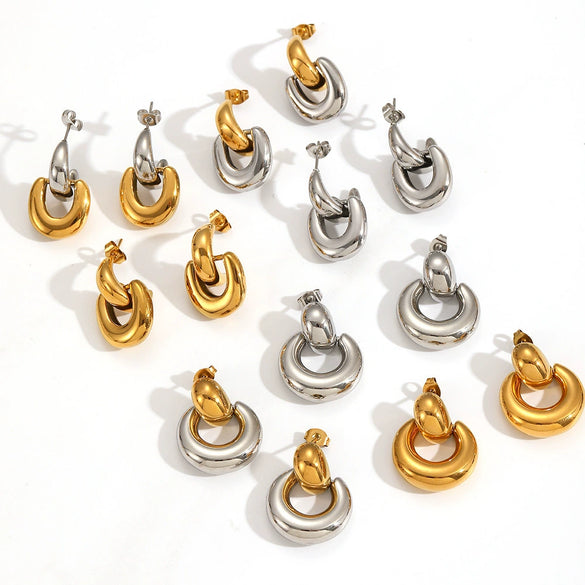 Women's Geometric Stainless Steel Earrings With Real Gold Plating Circle And Semicircle Shapes