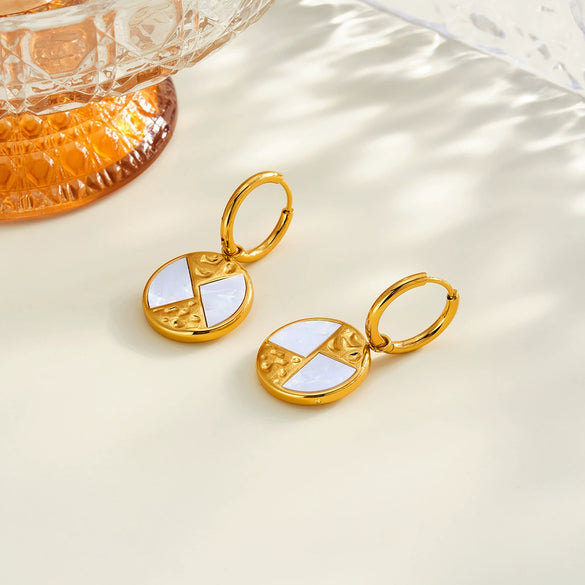 Women's Geometric Stainless Steel Earrings With White Shell Inlay And 18K Vacuum Plated Finish Simple Light Luxury Style