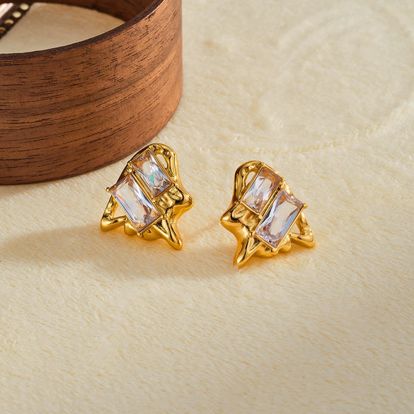 Women's Geometric Stainless Steel Earrings With Zircon Inlay And 18K Vacuum Plated Light Luxury Finish