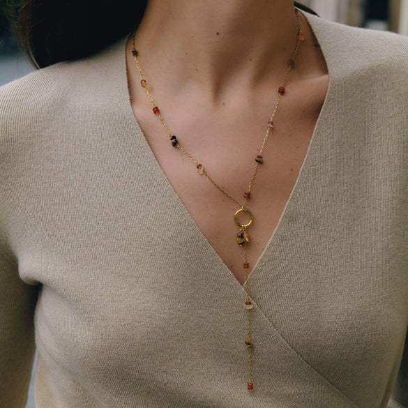 Women's Geometric Stainless Steel Long Necklace With Pvd Vacuum Gold Plated Finish And Lobster Clasp Wholesale