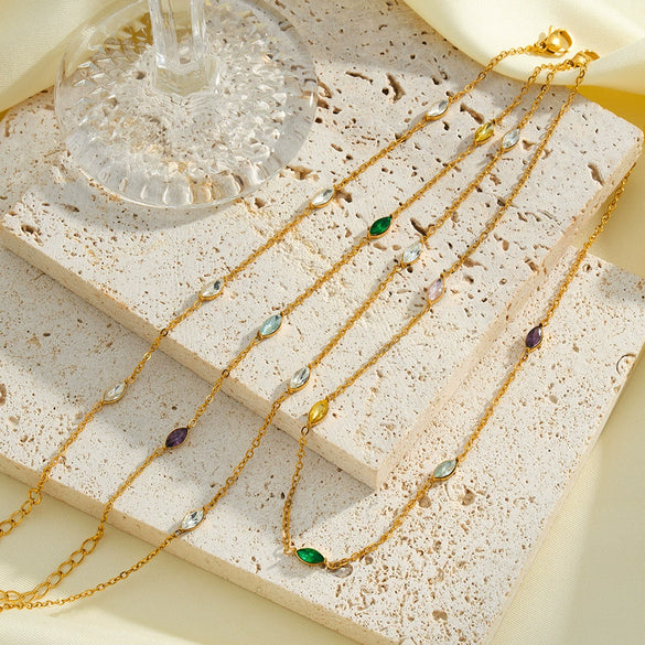 Women's Geometric Stainless Steel Necklace And Bracelet Set With Zircon Inlay And 18K Vacuum Plated Finish