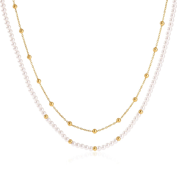 Women's Geometric Stainless Steel Necklace With Acrylic Pearls And Pvd Gold Plating