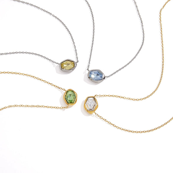 Women's Geometric Stainless Steel Necklace With Glass Pendant Pvd Vacuum Gold Plated Regular Chain