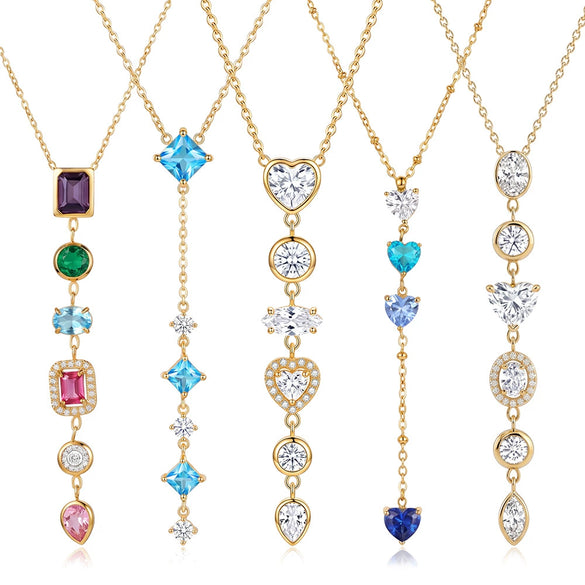 Women’s Geometric Stainless Steel Necklace With Heart Round And Square Shapes Zircon And Rhinestone Inlay Vacuum Plated Finish
