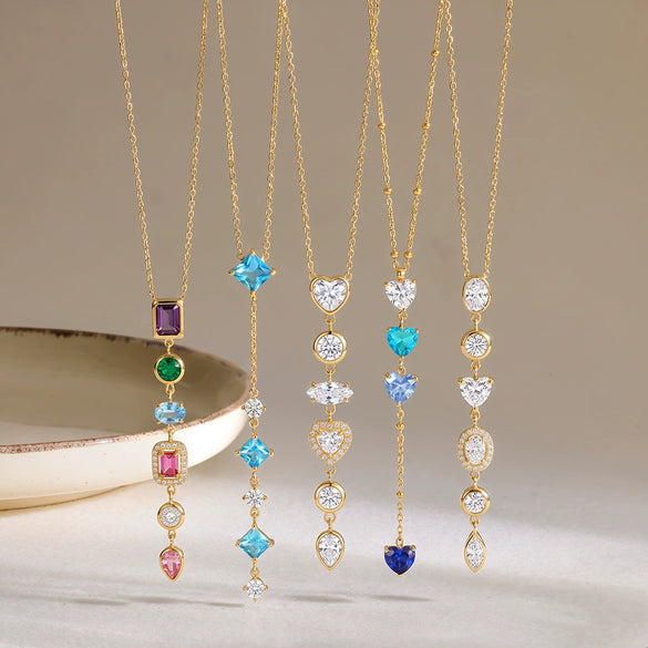 Women’s Geometric Stainless Steel Necklace With Heart Round And Square Shapes Zircon And Rhinestone Inlay Vacuum Plated Finish
