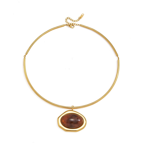 Women's Geometric Stainless Steel Necklace With Large Zircon Pendant Plated Eggshaped Choker Jewelry