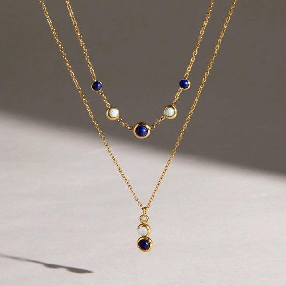 Women's Geometric Stainless Steel Necklace With Natural Lapis Lazuli Pendant Pvd Gold Plated Collarbone Chain With Lobster Clasp