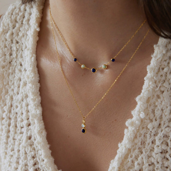 Women's Geometric Stainless Steel Necklace With Natural Lapis Lazuli Pendant Pvd Gold Plated Collarbone Chain With Lobster Clasp