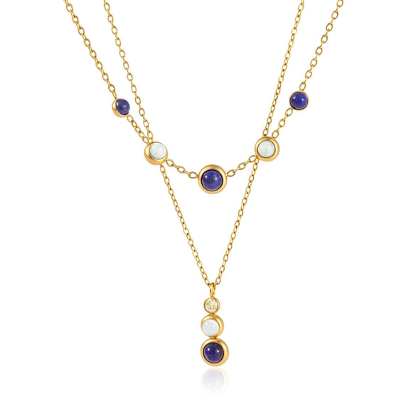 Women's Geometric Stainless Steel Necklace With Natural Lapis Lazuli Pendant Pvd Gold Plated Collarbone Chain With Lobster Clasp