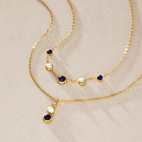 Women's Geometric Stainless Steel Necklace With Natural Lapis Lazuli Pendant Pvd Gold Plated Collarbone Chain With Lobster Clasp