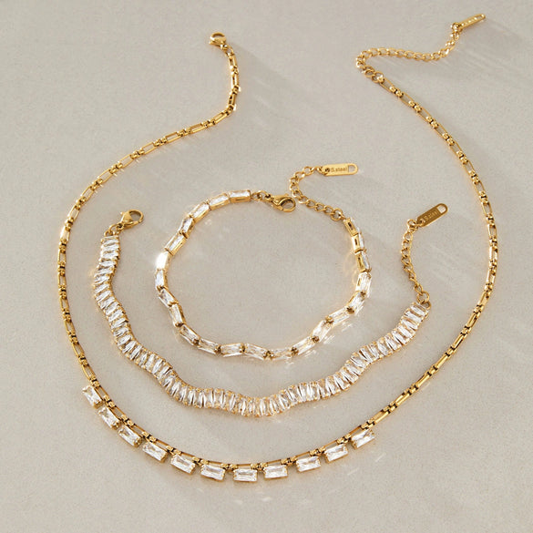 Women's Geometric Stainless Steel Necklace With Zircon Detail And Pvd Vacuum Gold Plating Lobster Clasp Wholesale Jewelry