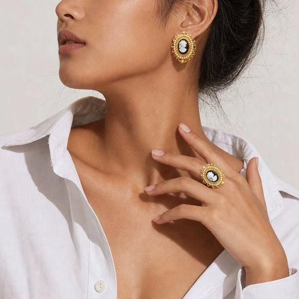 Women's Geometric Stainless Steel Pearl Earrings And Rings With 18K Vacuum Plating Simple Oval Fashion Jewelry Set