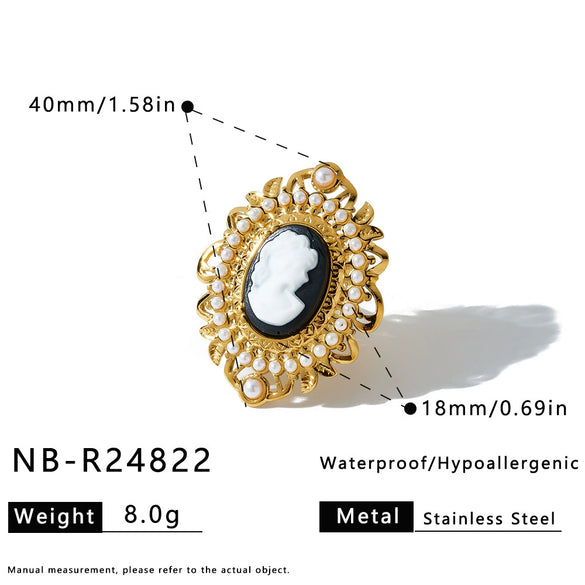 Women's Geometric Stainless Steel Pearl Earrings And Rings With 18K Vacuum Plating Simple Oval Fashion Jewelry Set