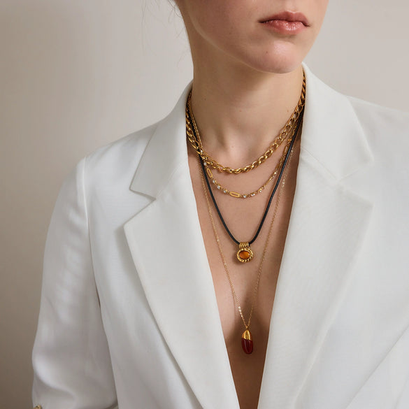Women's Geometric Stainless Steel Pendant Necklace With Black Rope Chain And Pvd Gold Plated Finish