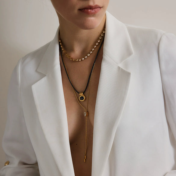 Women's Geometric Stainless Steel Pendant Necklace With Black Rope Chain And Pvd Gold Plated Finish