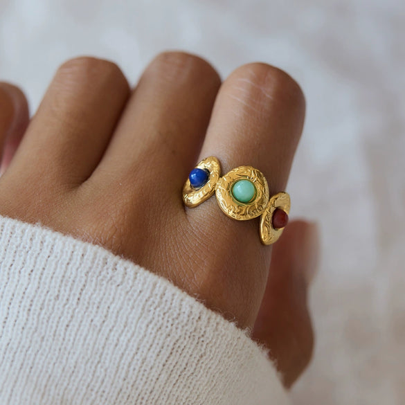 Women's Geometric Stainless Steel Ring With Carved Resin Detail And Vacuum Gold Plating