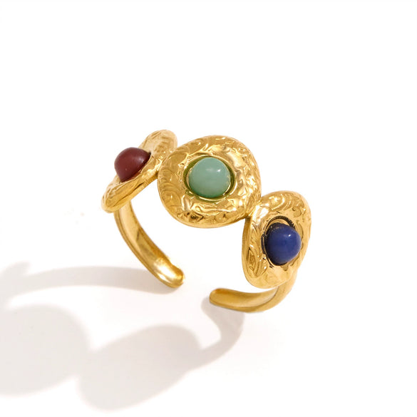 Women's Geometric Stainless Steel Ring With Carved Resin Detail And Vacuum Gold Plating