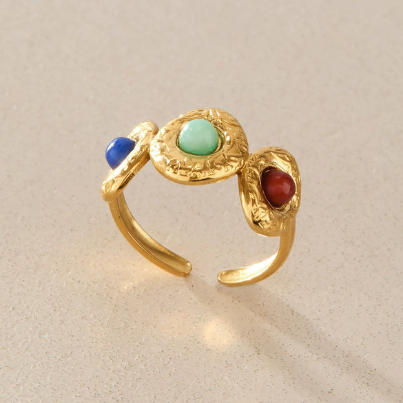 Women's Geometric Stainless Steel Ring With Carved Resin Detail And Vacuum Gold Plating