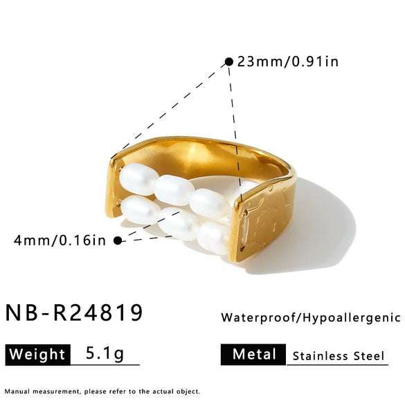 Women's Geometric Stainless Steel Ring With Pearl Inlay And 18K Vacuum Plated Finish Simple Light Luxury Accessory
