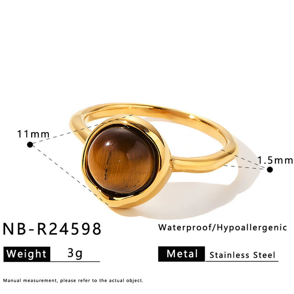 Women's Geometric Stainless Steel Ring With Tiger Eye Stone Zircon Inlay Vacuum Plated Retro Light Luxury Design