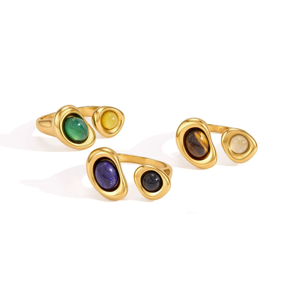 Women's Geometric Stainless Steel Ring With Tiger's Eye And Lapis Lazuli Natural Stone Inlays Pvd Gold Plated Hypoallergenic Jewelry