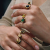 Women's Geometric Stainless Steel Ring With Tiger's Eye And Lapis Lazuli Natural Stone Inlays Pvd Gold Plated Hypoallergenic Jewelry