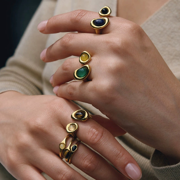 Women's Geometric Stainless Steel Ring With Tiger's Eye And Lapis Lazuli Natural Stone Inlays Pvd Gold Plated Hypoallergenic Jewelry