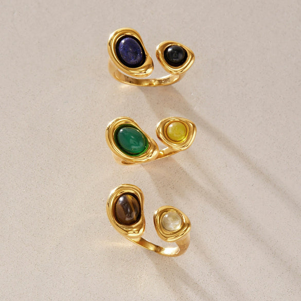 Women's Geometric Stainless Steel Ring With Tiger's Eye And Lapis Lazuli Natural Stone Inlays Pvd Gold Plated Hypoallergenic Jewelry