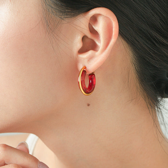 Women's Geometric Stainless Steel Stud Earrings With Burgundy Resin And Pvd Vacuum Gold Plated Finish Personality Fashion Jewelry